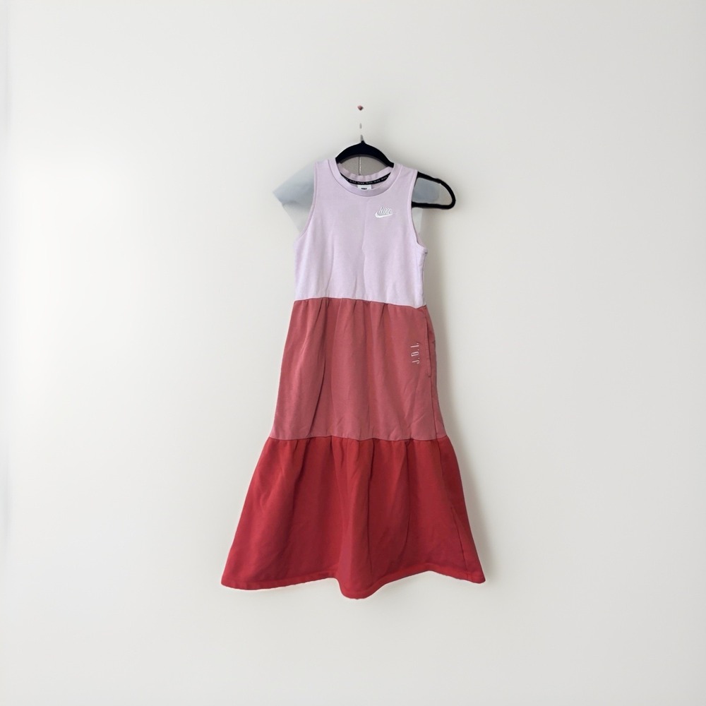 Nike Sportswear Big Girls' Medium French Terry tiered dress pink colorblock